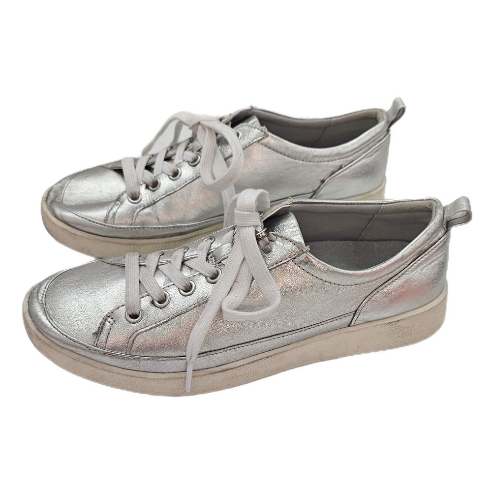 Vionic Winny Metallic Leather Arch Support Sneakers Silver Lace-Up Womens 7.5